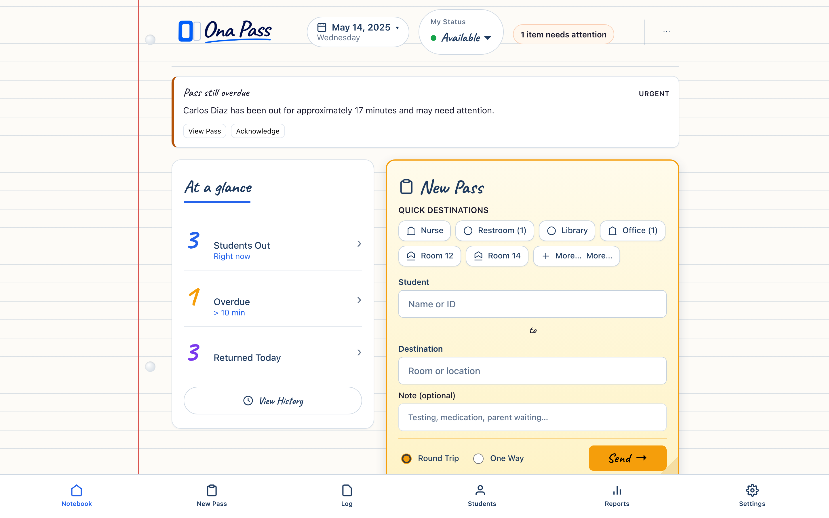 Ona Pass staff notebook interface