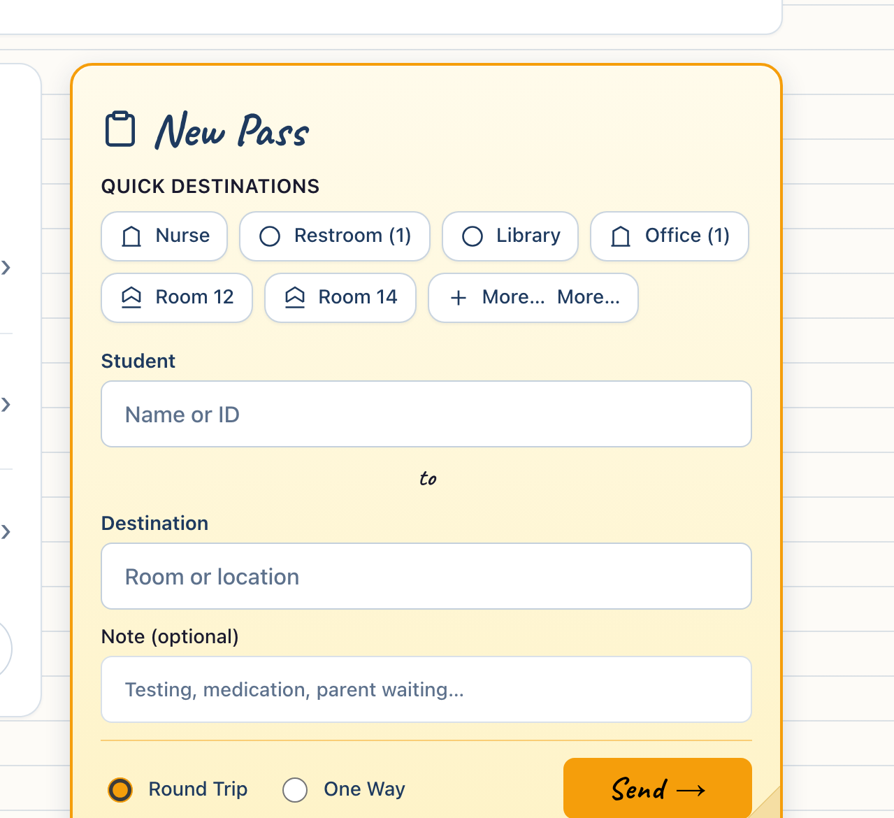 New Pass sheet with student and destination fields ready to send