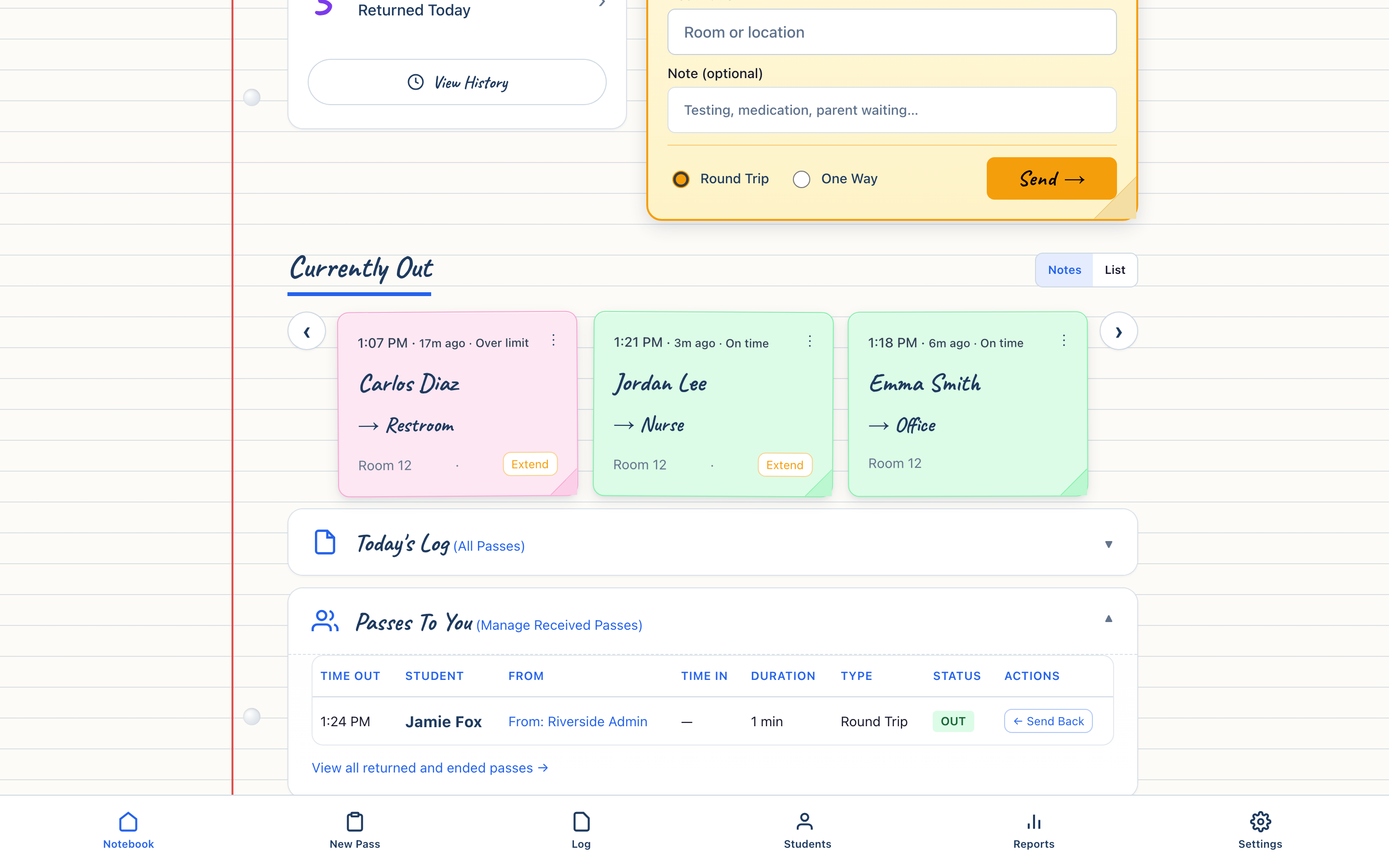 Passes To You inbox showing inbound student passes